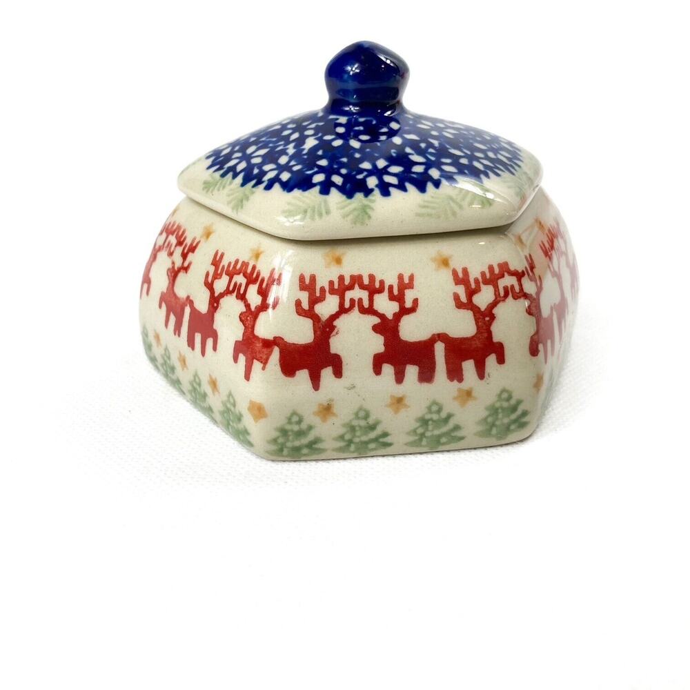 Prancing Reindeer Hexagon shaped trinket box with lid handcrafted Polish Pottery